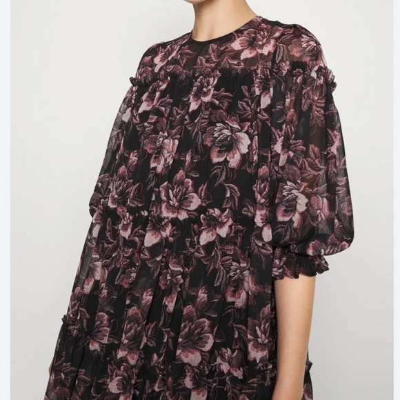 Ted Baker Mini Dress Size 8 Barnabe Black Floral Tiered Flounce Boho 3/4 Sleeves - Picture 5 of 9